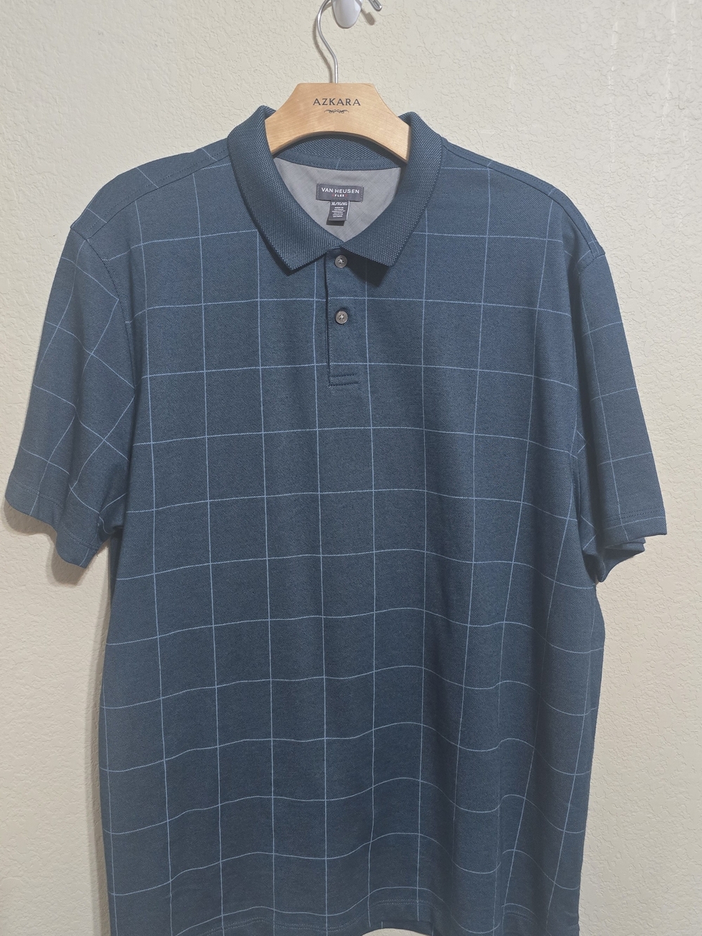 Van Heusen Teal Windowpane Flex Polo Shirt, Size XL